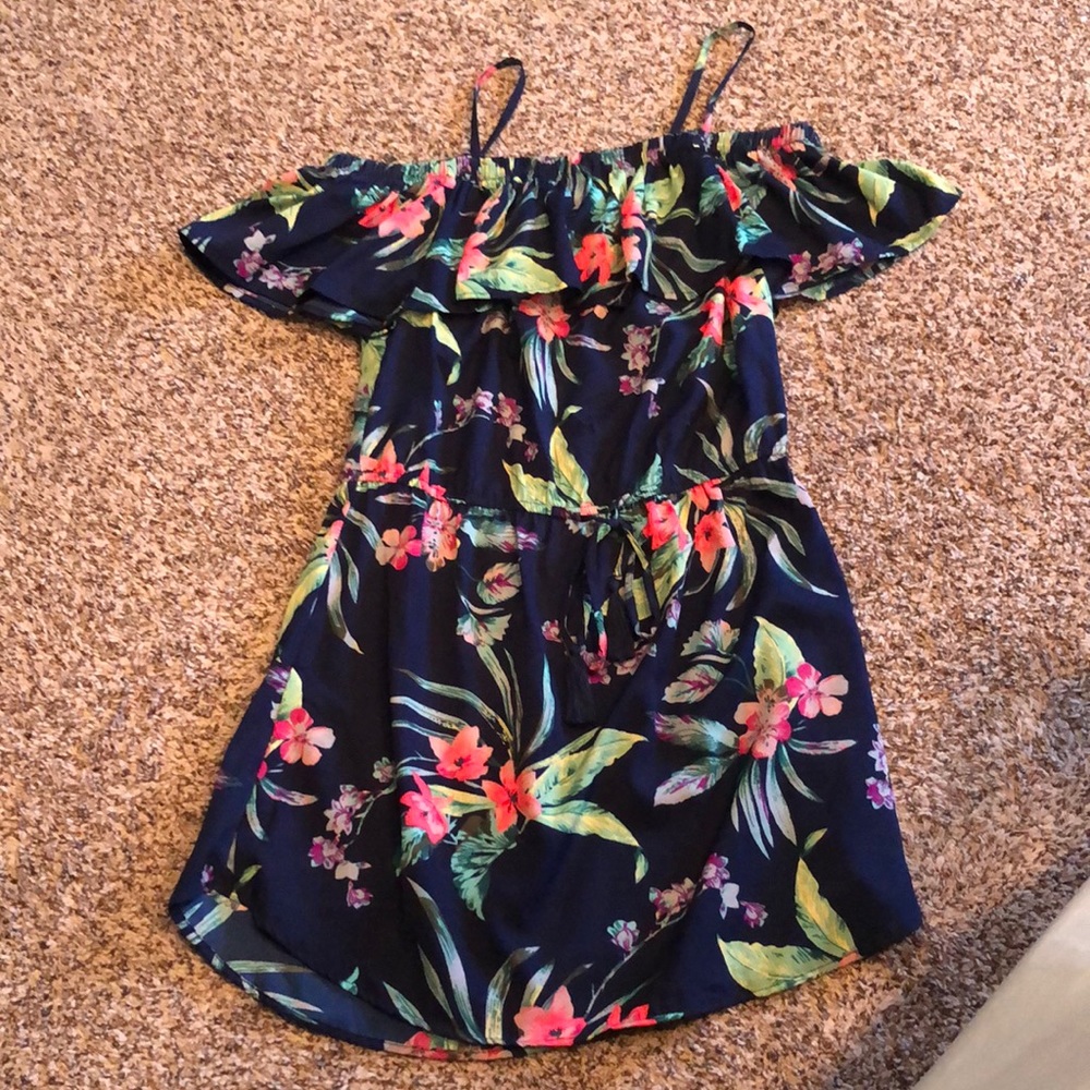 Tropical dress off the shoulder tie waist size L